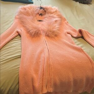 Pink Cardigan with Faux Fur Collar by Boston Proper - Size Medium